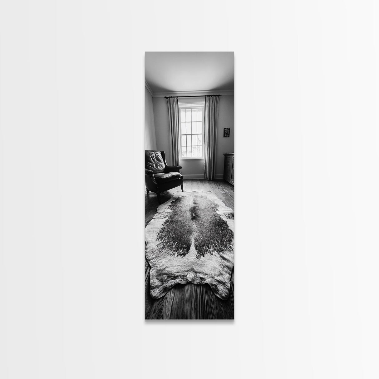 Leather Chair, Cozy Window, Cowhide Rug, Framed Canvas Print, Farmhouse Living Room Decor, Rustic Minimalist Art, Monochrome Interior