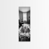 Leather Chair, Cozy Window, Cowhide Rug, Framed Canvas Print, Farmhouse Living Room Decor, Rustic Minimalist Art, Monochrome Interior