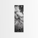Mountain Beach Path, Cloudy Sky Landscape, Black and White Nature Scene, Framed Canvas Print, Entryway Fall Coastal Wall Decor