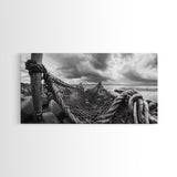 Fishing Net, Stormy Shore, Maritime Nostalgia, Rugged Rope Art, Framed Canvas Print, Nautical Living Room Wall Decor