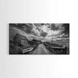 Seaside Village, Driftwood Cabins, Coastal Road, Vintage Fishing Town, Framed Canvas Print, Rustic Kitchen Wall Art, Moody Monochrome