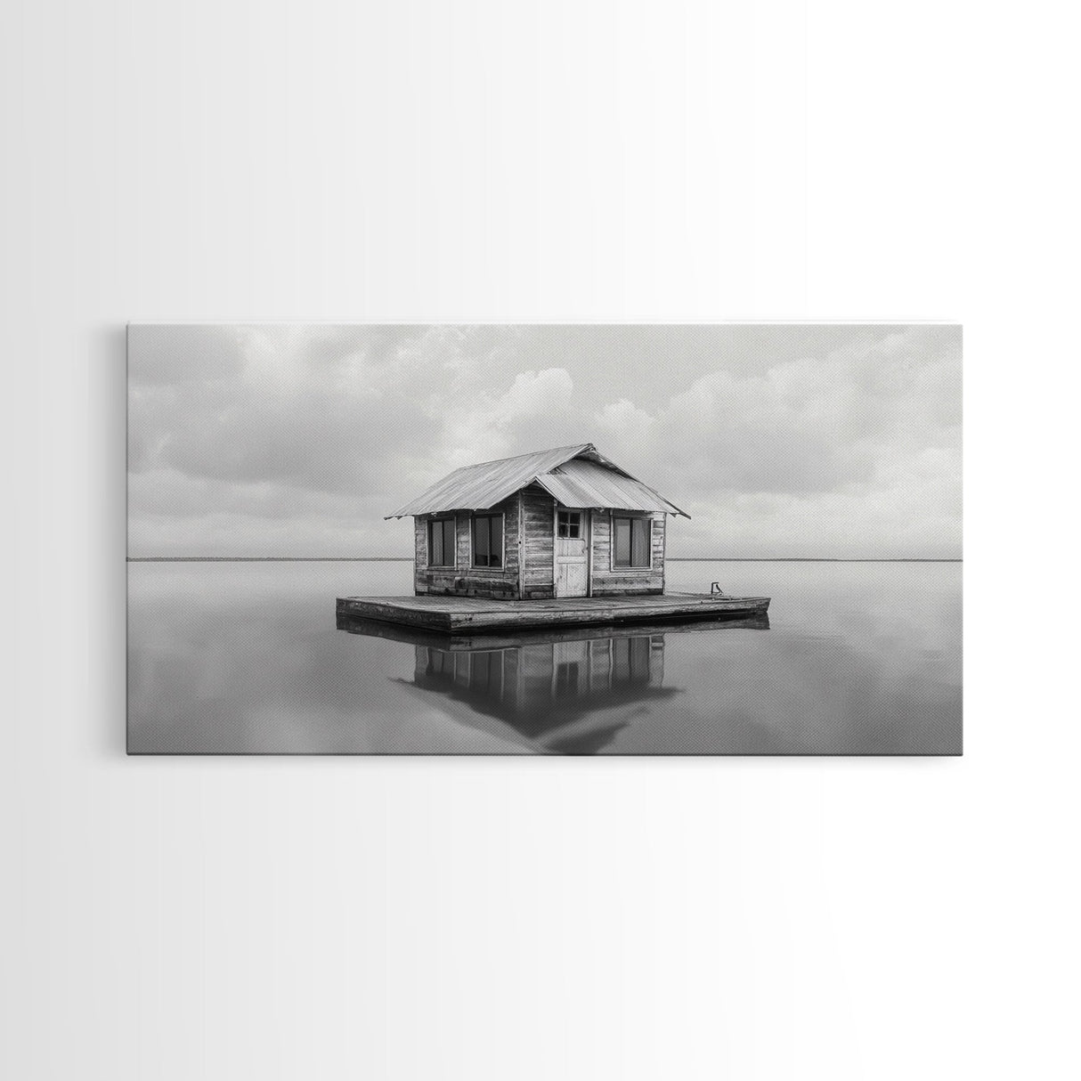Floating Cabin, Lake House, Calm Waters, Dreamy Isolation Art, Canvas Print, Minimalist Living Room Wall Art, Coastal Style