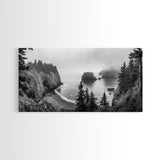 Misty Coastal Cliffs, Ocean Horizon, Monochrome Art, Nature Landscape, Canvas Print, Rustic Living Room Decor, Moody Wall Art, Black and White