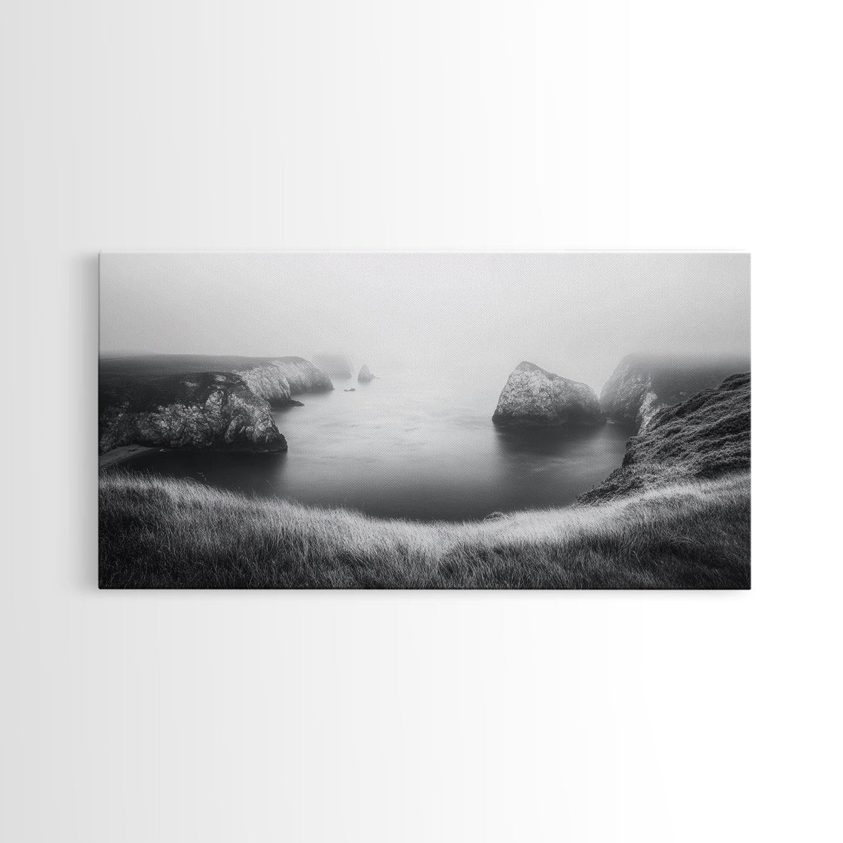 Serene Fog Cliffs, Dreamy Coastline, Soft Light Seascape, Canvas Print, Tranquil Bedroom Wall Art, Minimal Nature Photography