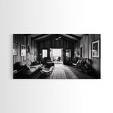 Cozy Cabin Interior, Rustic Living Space, Wood Wall Charm, Canvas Print, Country Living Room Art, Americana Wall Photography