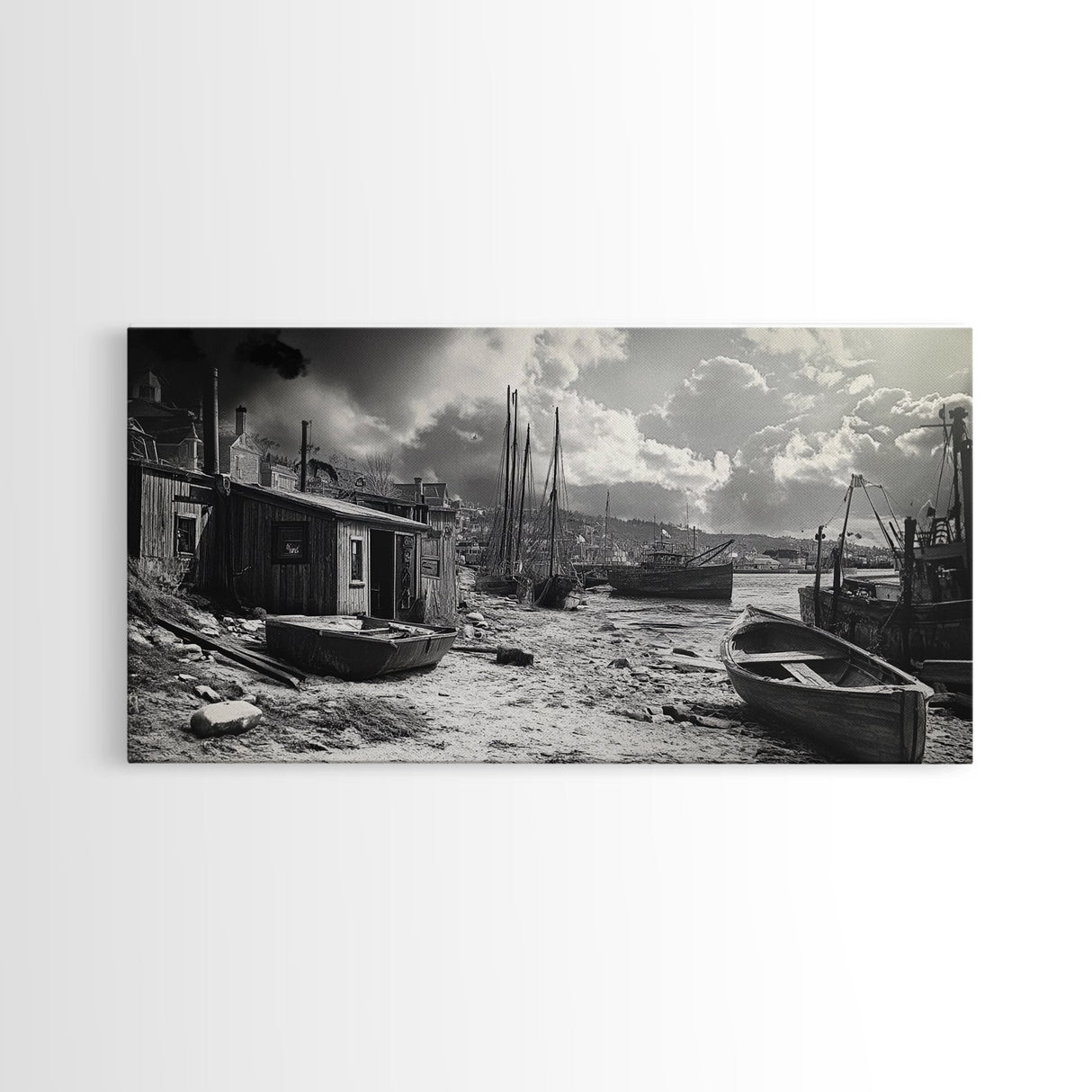 Old Fishing Harbor, Weathered Boats, Coastal Village Scene, Canvas Print, Nautical Kitchen Wall Art, Maritime Black and White Decor