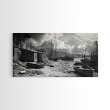 Old Fishing Harbor, Weathered Boats, Coastal Village Scene, Canvas Print, Nautical Kitchen Wall Art, Maritime Black and White Decor