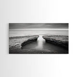 Ocean Rock Split, Calm Seascape Horizon, Monochrome Photography, Canvas Print, Bathroom Wall Art, Zen Coastal Aesthetic, Office Wall Art