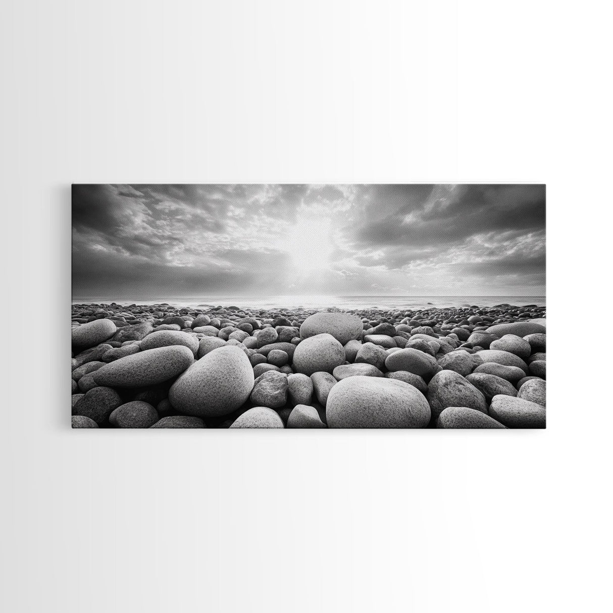 Pebble Beach Sunrise, Serene Rock Shore, Ocean Horizon Light, Framed Canvas Print, Bathroom Wall Art, Minimalist Coastal Decor