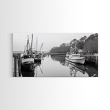 Fishing Boats Docked, Quiet Harbor Scene, Nautical River View, Framed Canvas Print, Kitchen Wall Art, Rustic Coastal Decor, Lodge Wall Art