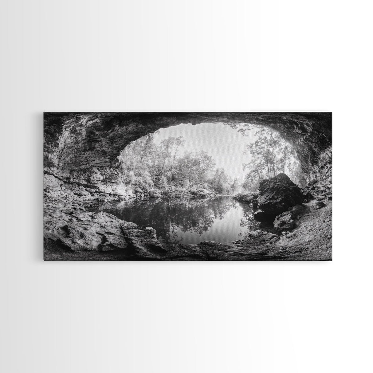 Cave Entrance Lake, Hidden Forest View, Rock Reflection Water, Canvas Print, Hallway Wall Art, Adventure Wilderness Decor, Minimalist Style