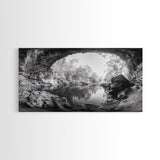 Cave Entrance Lake, Hidden Forest View, Rock Reflection Water, Canvas Print, Hallway Wall Art, Adventure Wilderness Decor, Minimalist Style