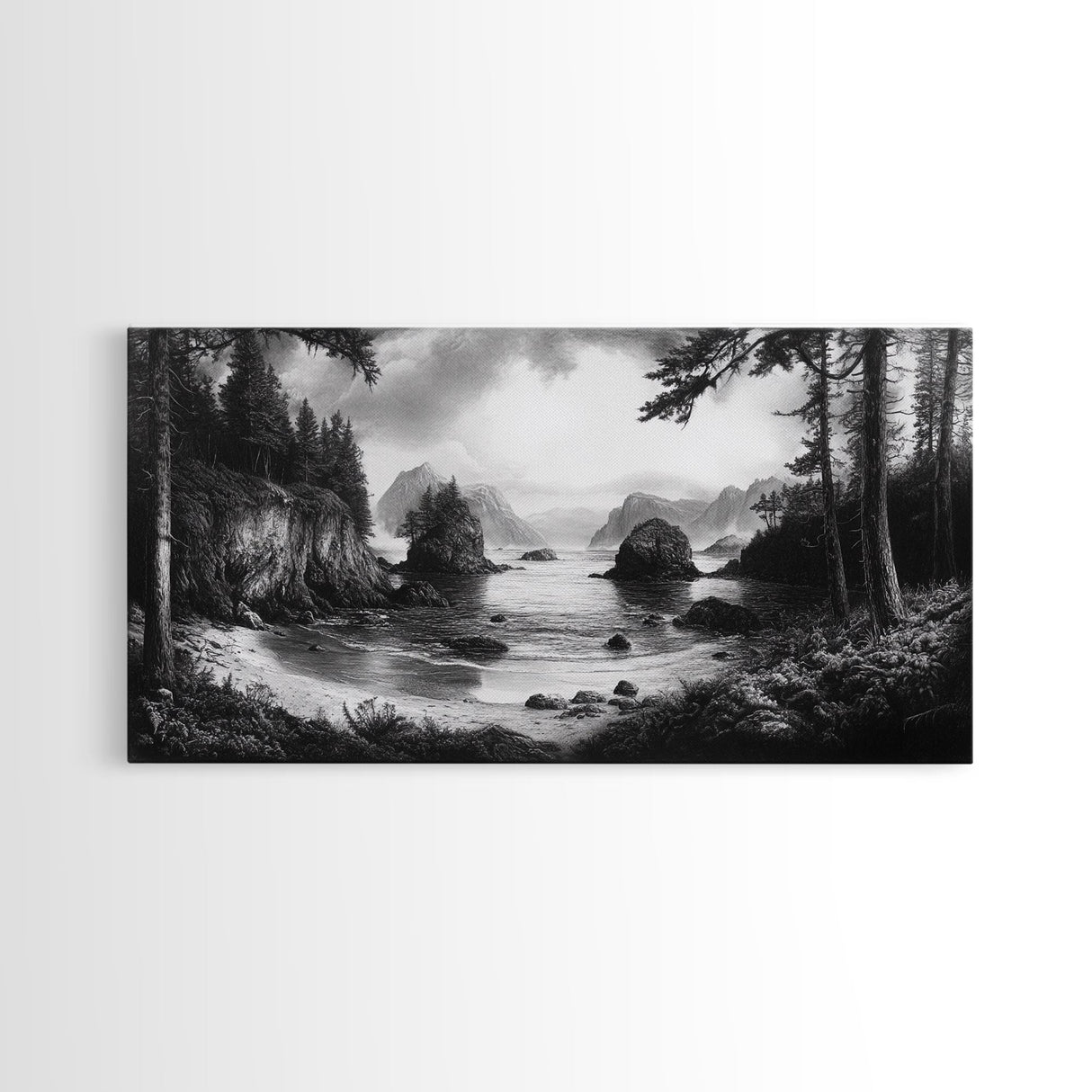 Coastal Forest View, Mountain Sea Horizon, Romantic Nature Scene, Framed Canvas Print, Living Room Wall Art, Vintage Landscape