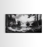 Coastal Forest View, Mountain Sea Horizon, Romantic Nature Scene, Framed Canvas Print, Living Room Wall Art, Vintage Landscape