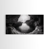 Ocean Cave Sunset, Seascape Art, Black and White Photography, Coastal Decor, Minimalist Style, Canvas Print, Bathroom Wall Art