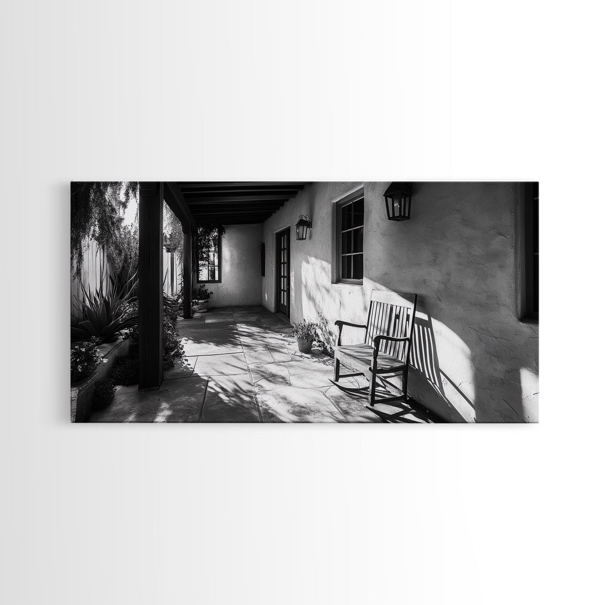 Porch Shadows Light, Rustic Patio, Black and White Decor, Farmhouse Entryway, Framed Canvas Print, Country Kitchen Wall Art, Bedroom Wall Art