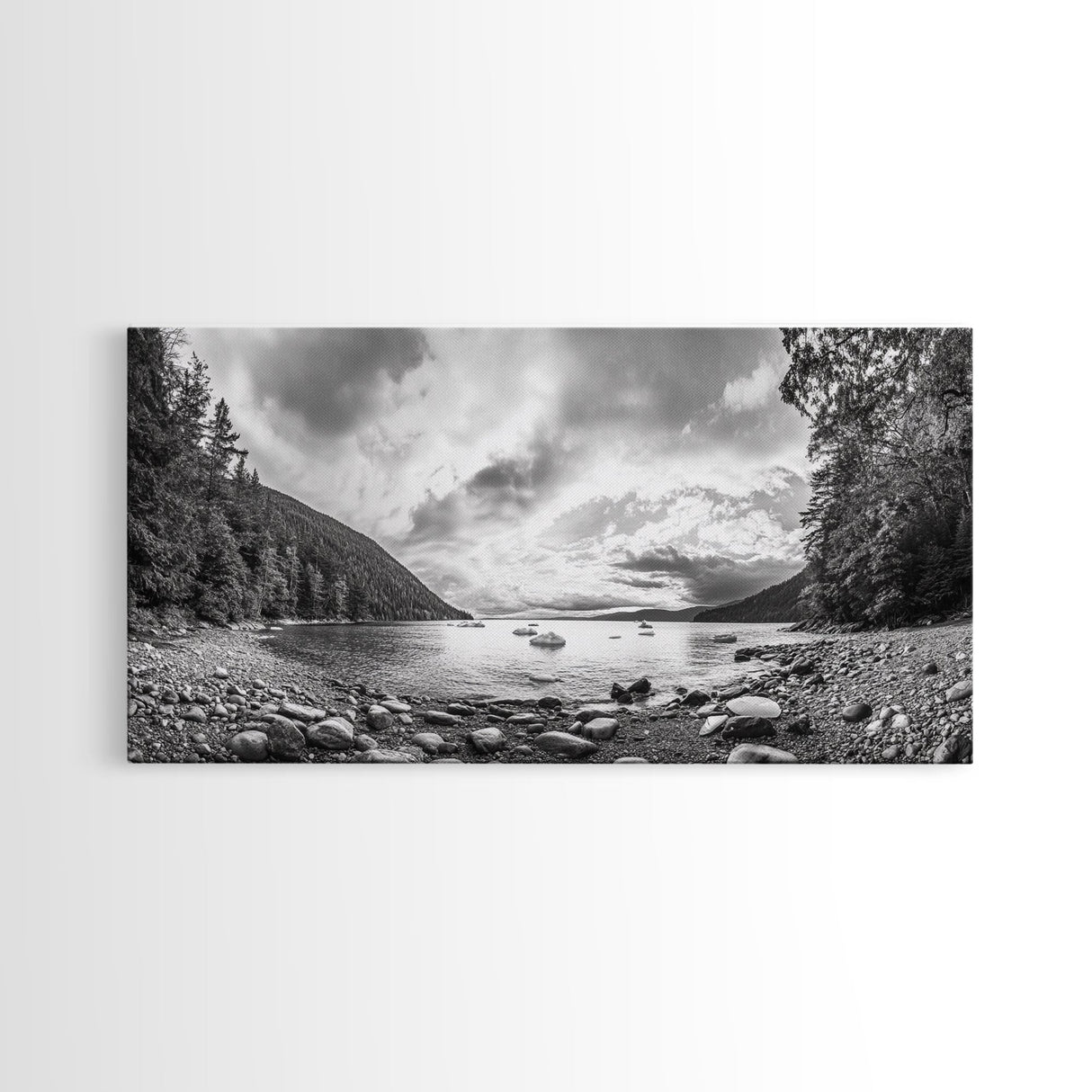 Forest Lake Serenity, Monochrome Nature, Tranquil Landscape, Canvas Print, Lodge Wall Art, Minimalist Cabin Decor, Black White
