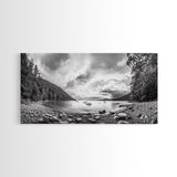 Forest Lake Serenity, Monochrome Nature, Tranquil Landscape, Canvas Print, Lodge Wall Art, Minimalist Cabin Decor, Black White