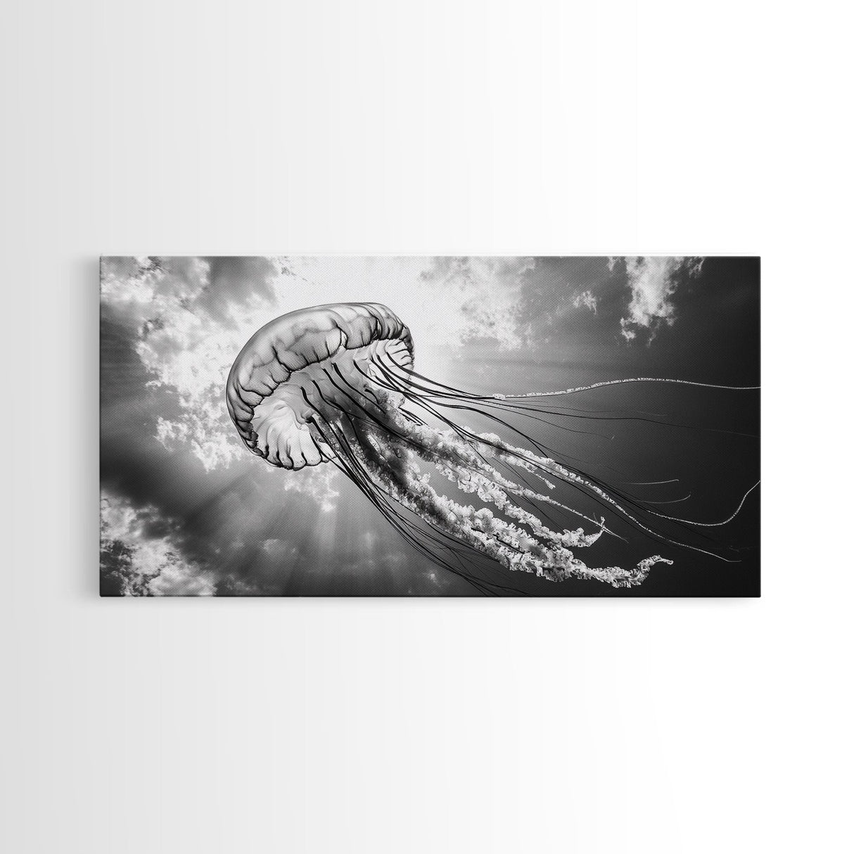Jellyfish In Light, Ocean Life Art, Monochrome Sea Creature, Canvas Print, Coastal Bathroom Wall Art, Marine Modern Decor, Office Wall Art