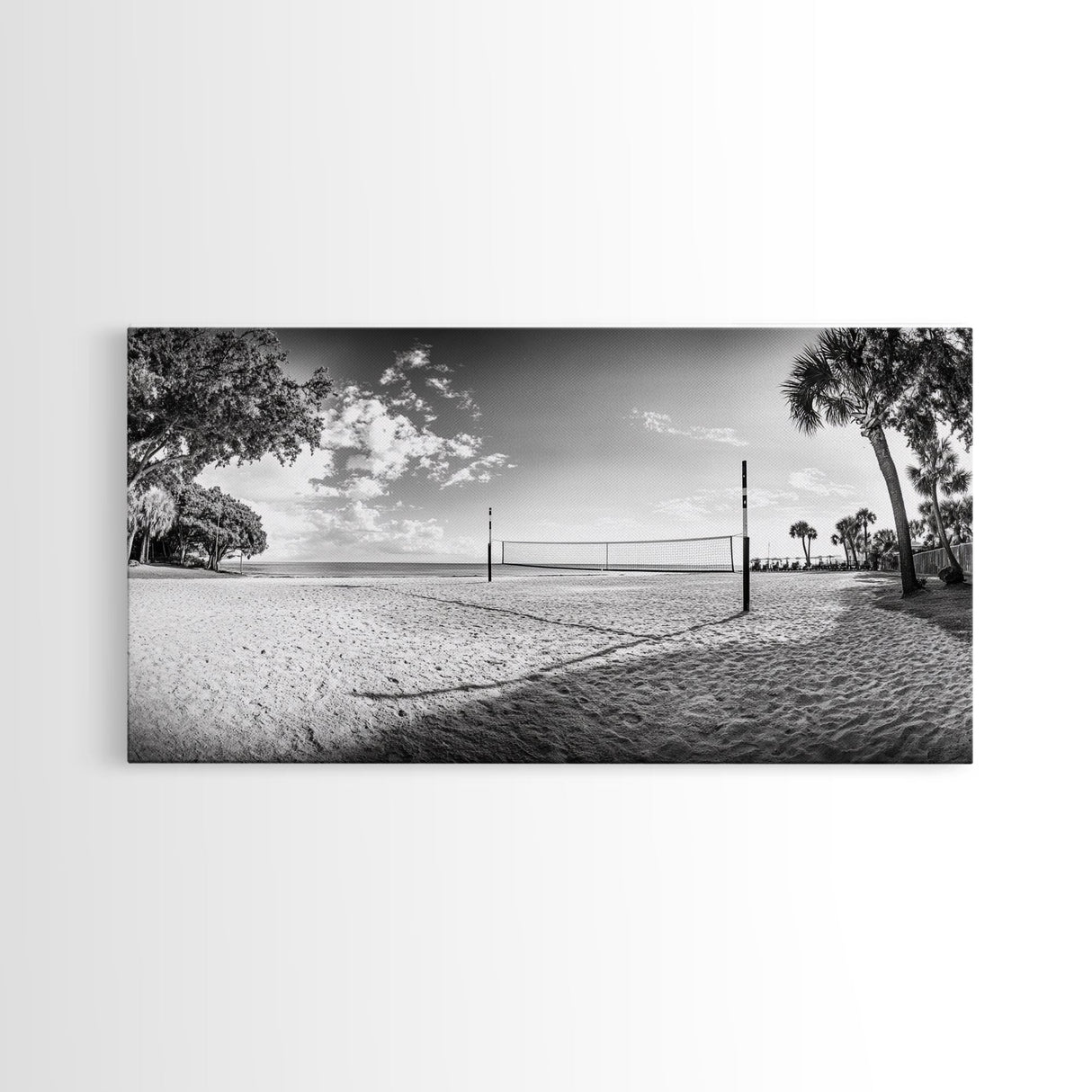 Volleyball Net, Coastal Leisure Scene, Bright Beach Vibe, Framed Canvas Print, Game Room Wall Art, Sporty Summer Beach Style