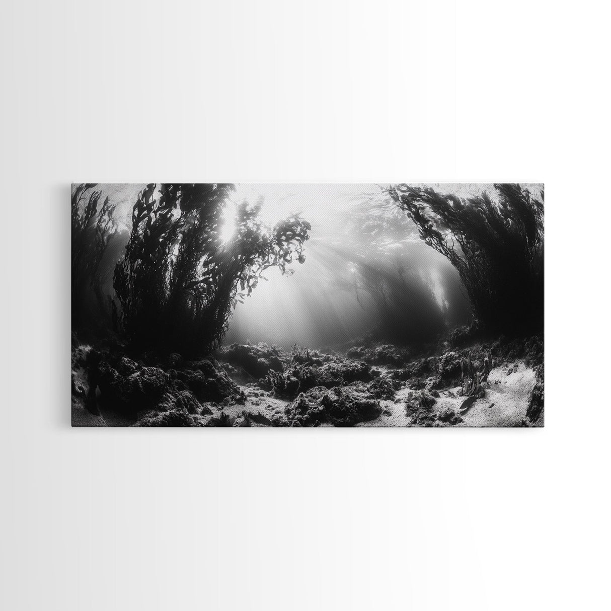 Kelp Forest Rays, Underwater Light, Black and White Ocean Scene, Framed Canvas Print, Nature Wall Art, Coastal Bathroom Decor
