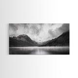 Mountain Lake, Misty Valley, Nature Serenity, Moody Landscape, Framed Canvas Print, Living Room Wall Art, Rustic Cabin Aesthetic