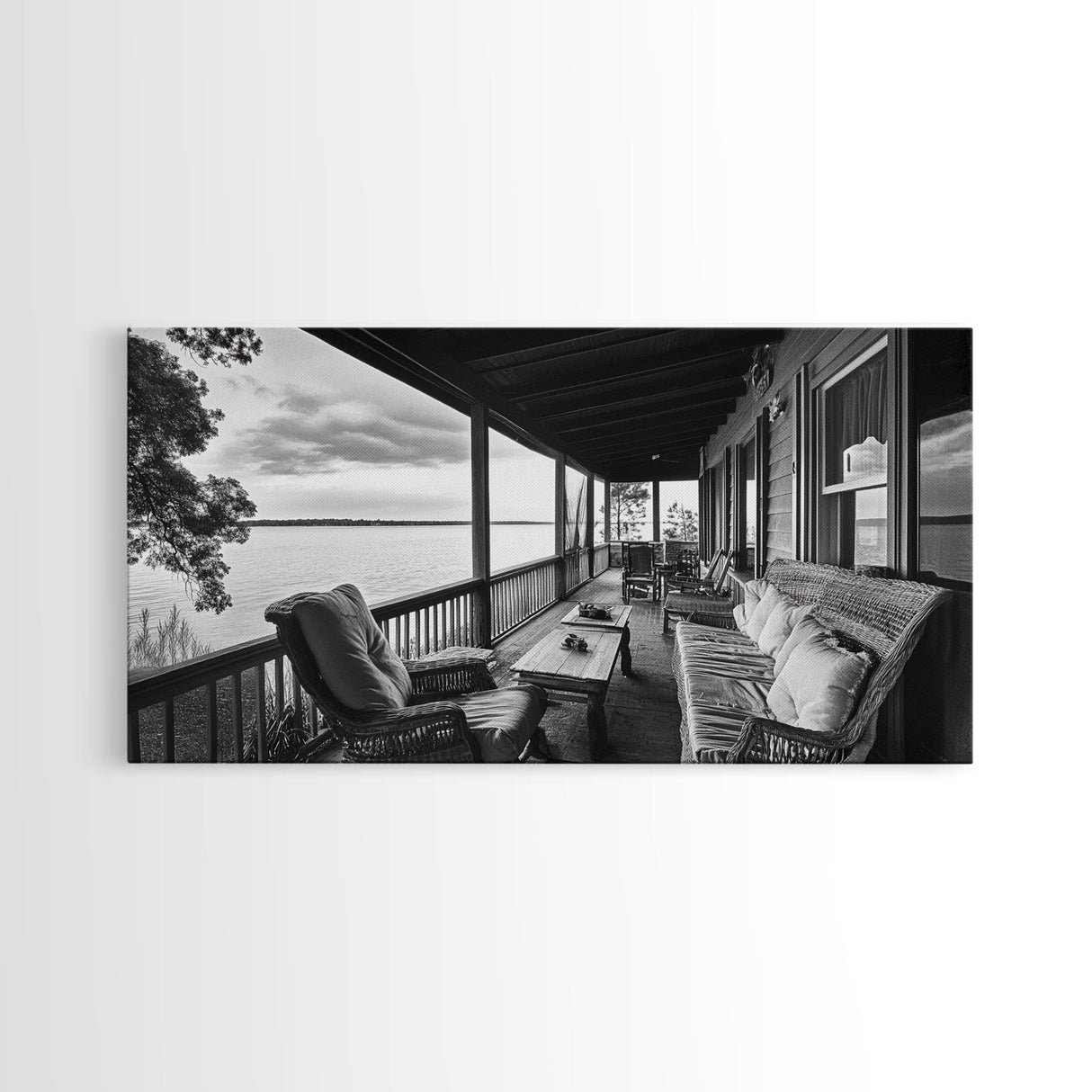 Porch Lake View, Rustic Escape, Cabin Life, Vintage Charm, Framed Canvas Print, Entryway Wall Art, Country Home Aesthetic, Cozy Style