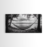 Hammock Lake, Restful Retreat, Trees Framing, Relax Mood, Framed Canvas Print, Bedroom Wall Art, Slow Living Style, Boho Natural Art