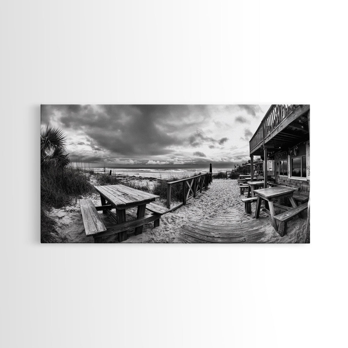 Beach Boardwalk, Coastal Restaurant, Moody Seaside View, Framed Canvas Print, Kitchen or Bar Wall Art, Rustic Autumn Decor