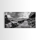 Beach Boardwalk, Coastal Restaurant, Moody Seaside View, Framed Canvas Print, Kitchen or Bar Wall Art, Rustic Autumn Decor