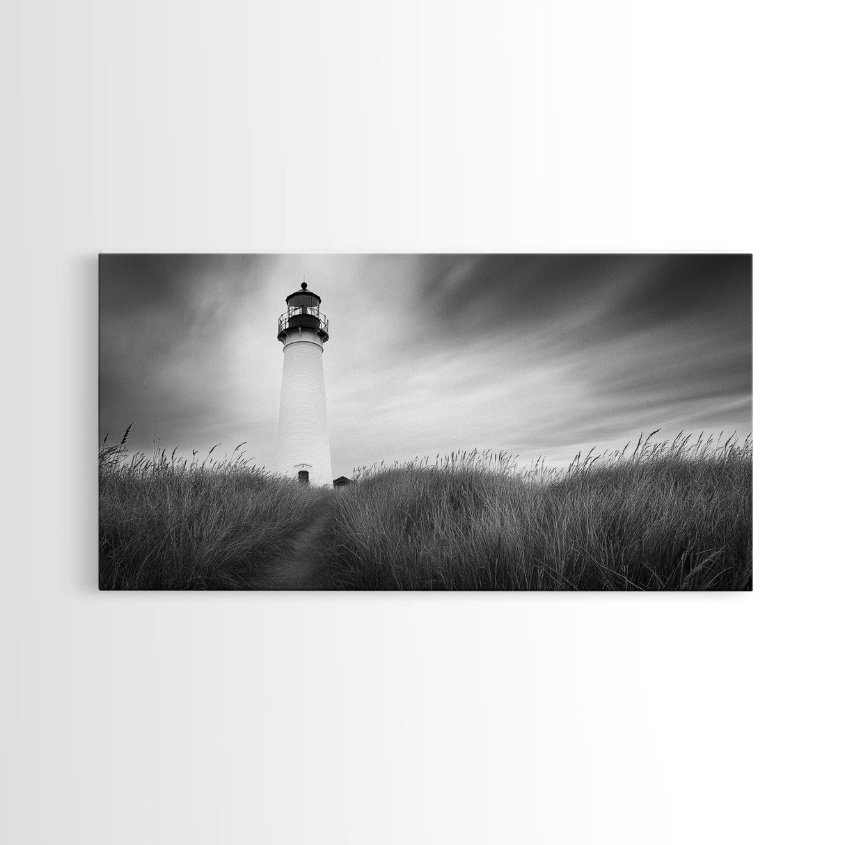 Lighthouse Grass, Seaside Tower, Stormy Sky, Black White, Framed Canvas Print, Beach Bathroom Art, Minimalist Decor, Nautical Print