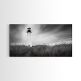 Lighthouse Grass, Seaside Tower, Stormy Sky, Black White, Framed Canvas Print, Beach Bathroom Art, Minimalist Decor, Nautical Print