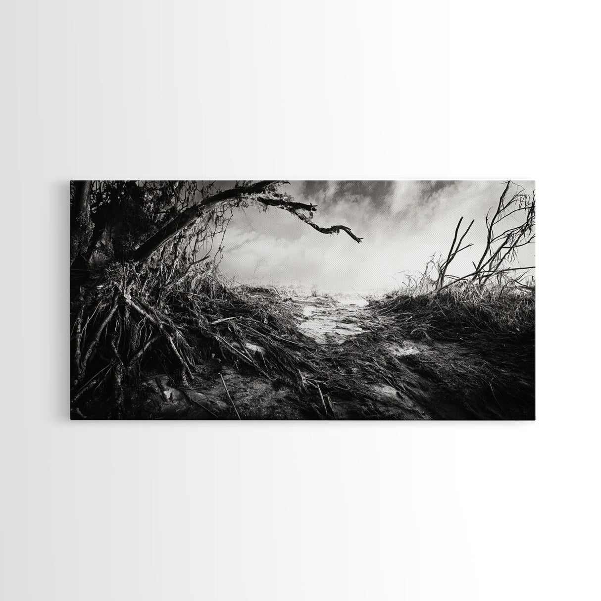 Stormy Shore, Erosion Roots, Driftwood Beach, Nature Drama, Framed Canvas Print, Moody Wall Art, Fall Living Room Decor, Dark Rustic Style