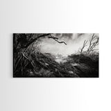 Stormy Shore, Erosion Roots, Driftwood Beach, Nature Drama, Framed Canvas Print, Moody Wall Art, Fall Living Room Decor, Dark Rustic Style