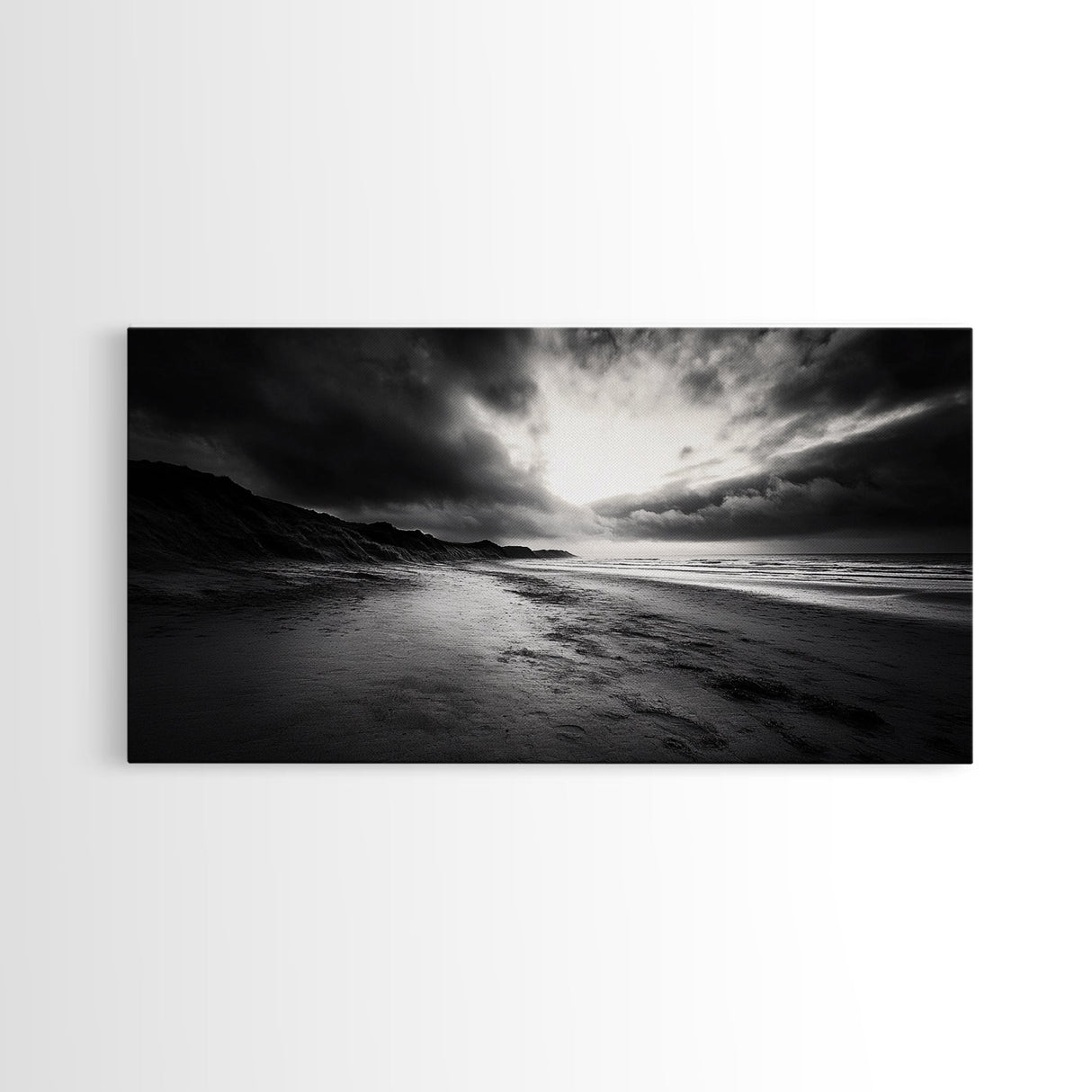 Stormy Coast, Dramatic Sky, Ocean Dusk, Monochrome Landscape, Framed Canvas Print, Bedroom Wall Art, Minimalist Coastal Decor