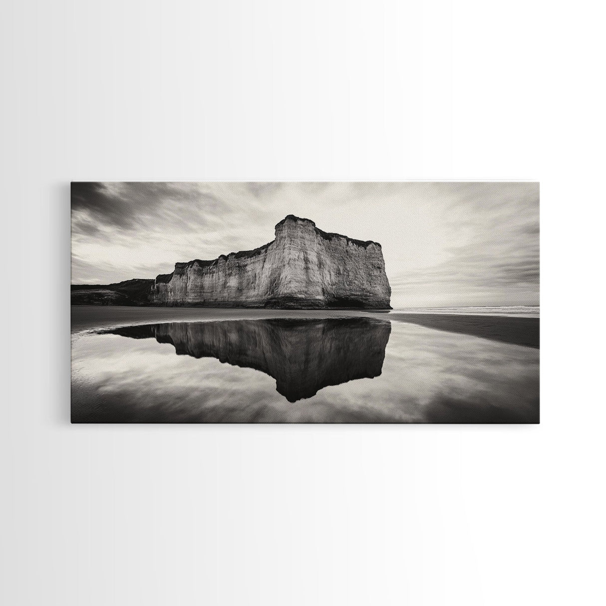 Cliff Reflection, Coastal Monolith, Seashore Beauty, Sunset Vibes, Framed Canvas Print, Living Room Art, Minimalist Beach Scene