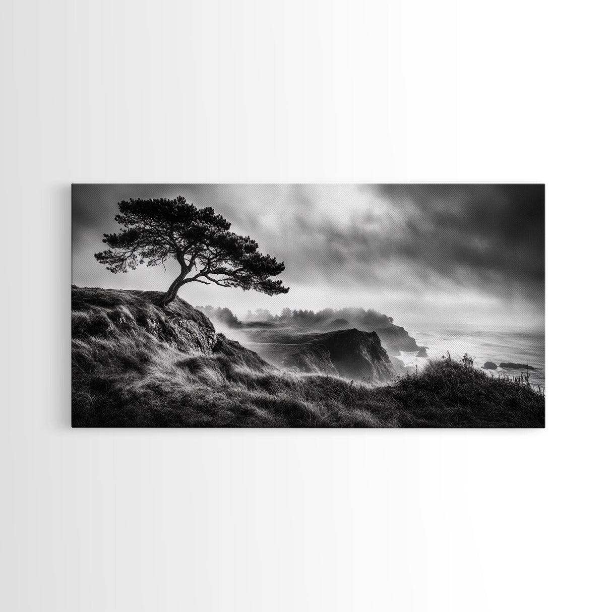 Lone Tree, Foggy Cliffs, Dramatic Landscape, Moody Sky, Framed Canvas Print, Nature Wall Art, Cabin Decor, Autumn Coastal Vibes