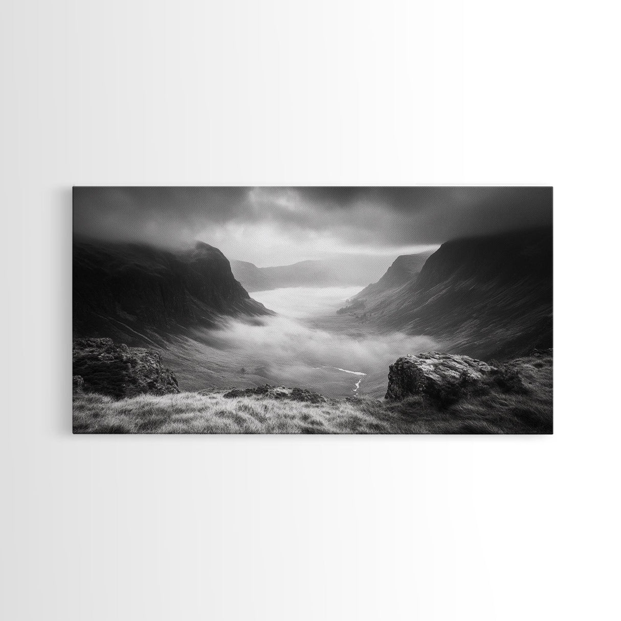 Foggy Valley, Highland Mist, Mountain View, Serene Landscape, Framed Canvas Print, Office Wall Art, Nature Escape, Zen Mountains
