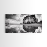 Beach Reflection, Seaside Rock, Cloudy Horizon, Coastal View, Framed Canvas Print, Minimalist Wall Art, Bathroom Ocean Decor