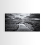 Marshland Serenity, River Flow, Cloudy Mood, Nature Calm, Framed Canvas Print, Coastal Wall Art, Bathroom Tranquil Landscape