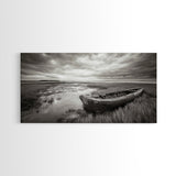 Abandoned Boat, Coastal Marsh Scene, Sepia Seascape, Framed Canvas Print, Living Room Wall Art, Moody Autumn Nautical Decor