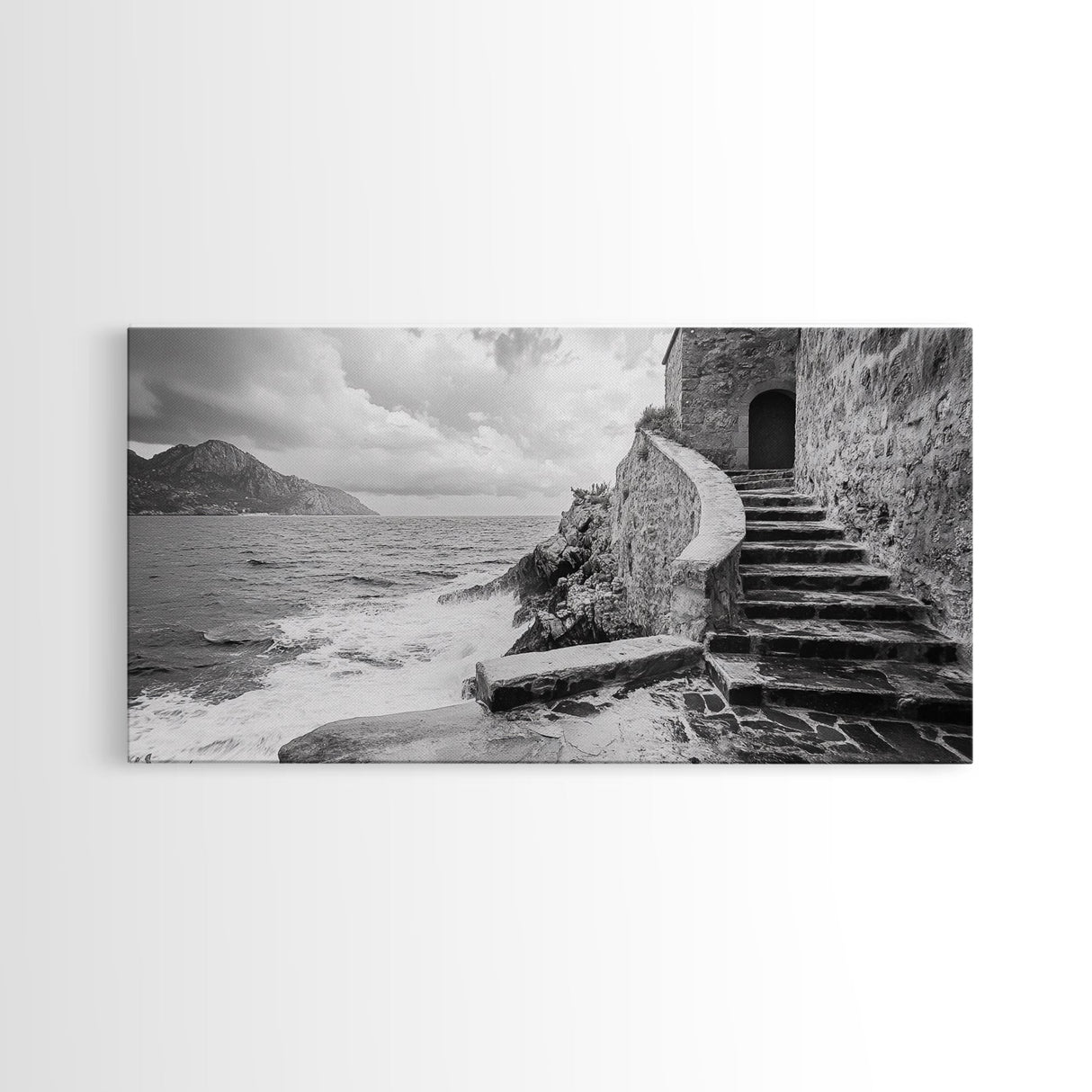 Stone Stairway, Ocean Cliff, Coastal Architecture, Mediterranean Charm, Framed Canvas Print, Rustic Wall Art, Entryway Travel Decor