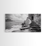 Stone Stairway, Ocean Cliff, Coastal Architecture, Mediterranean Charm, Framed Canvas Print, Rustic Wall Art, Entryway Travel Decor