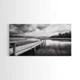 Marsh Dock Scene, Tranquil Water Landscape, Rustic Pier Canvas Print, Black and White Nature, Entryway Art, Coastal Country Home Decor