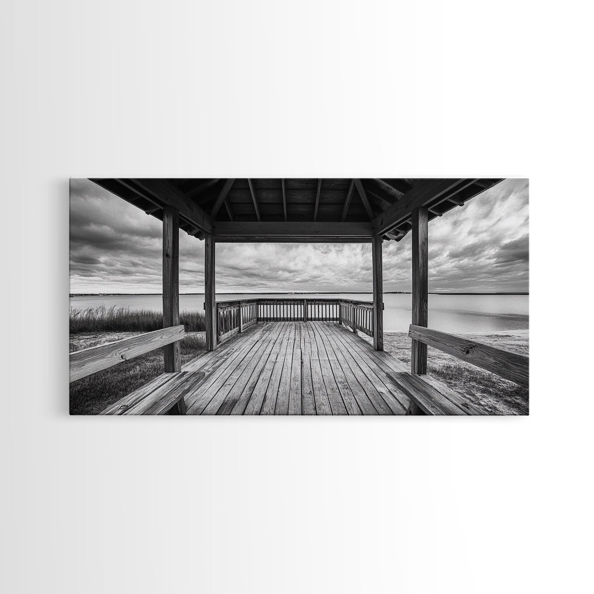 Gazebo By Water, Serene Lake View, Rustic Deck Canvas Print, Minimalist Landscape Wall Art, Neutral Bedroom, Tranquil Home Decor