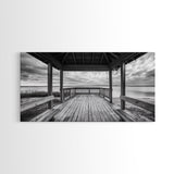 Gazebo By Water, Serene Lake View, Rustic Deck Canvas Print, Minimalist Landscape Wall Art, Neutral Bedroom, Tranquil Home Decor
