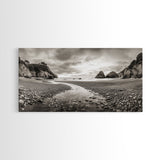 Coastal Pebble Beach, Pacific Shoreline, Serene Nature Landscape, Framed Canvas Print, Neutral Bedroom or Fall Living Room Wall Art