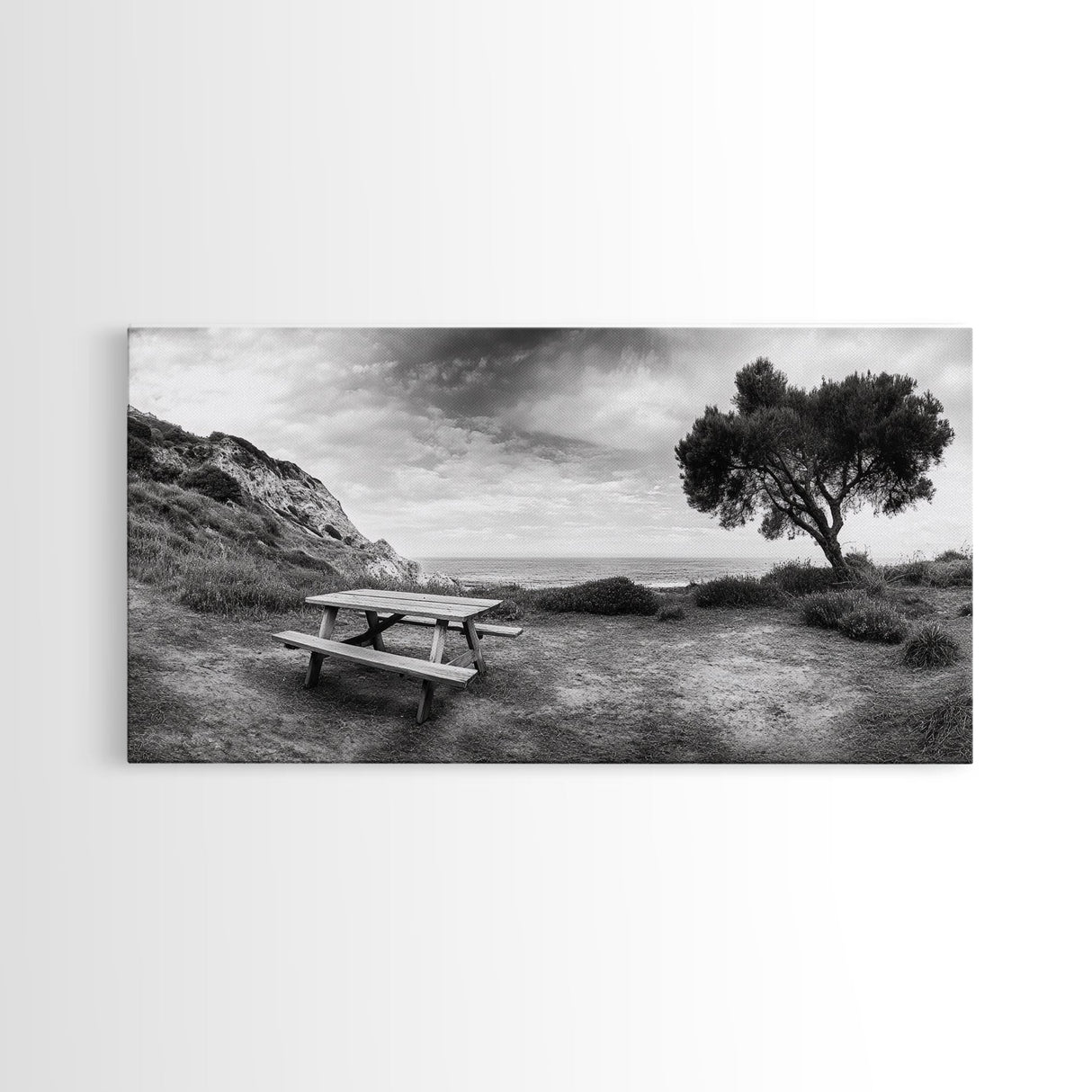 Picnic Table View, Coastal Meadow Scene, Tree and Cliff Horizon, Framed Canvas Print, Relaxing Kitchen or Outdoor Patio Wall Art