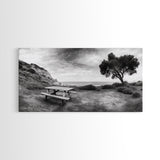 Picnic Table View, Coastal Meadow Scene, Tree and Cliff Horizon, Framed Canvas Print, Relaxing Kitchen or Outdoor Patio Wall Art