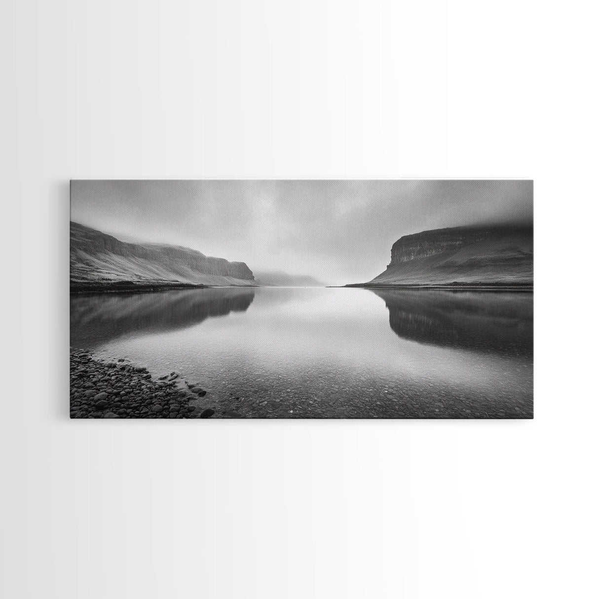 Misty Fjord Reflection, Calm Water Scene, Nordic Landscape, Peaceful Wall Decor, Canvas Print, Office Wall Art, Minimalist Mountains